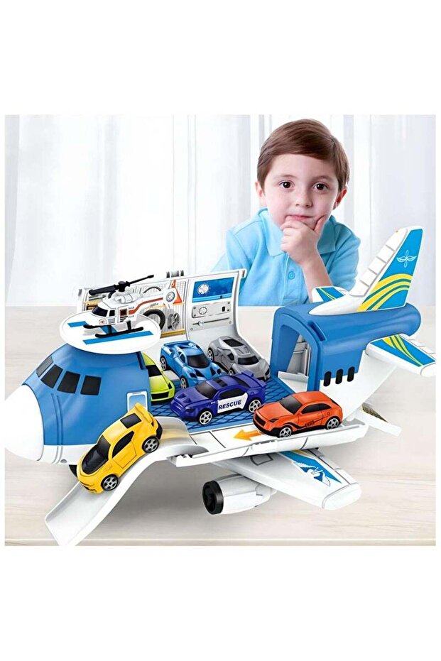 Cargo Plane Toy Play Set for Kids - Includes 1 Helicopter and 4 Cars - Diecast Aircraft