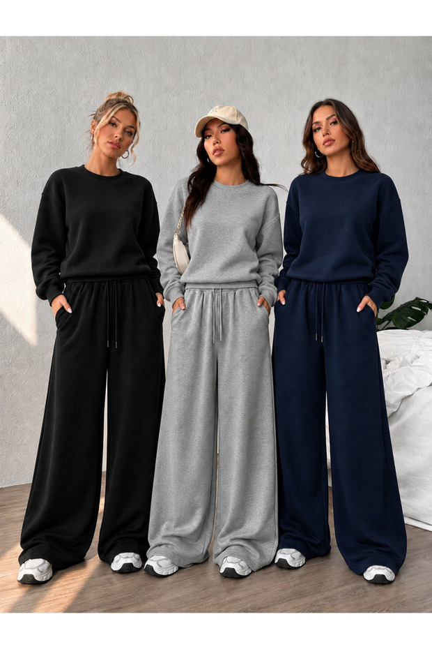 Women's 3-Piece Hooded Winter High Waist Wide Leg Sweatpants Black Gray Navy Blue