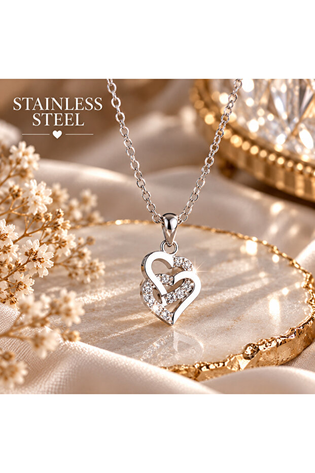 Silver Color Minimal Heart Design Zircon Stone Steel Necklace