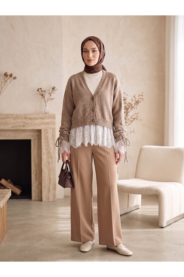 Lace Detailed Knitwear Cardigan with Tieable Sleeves Mink