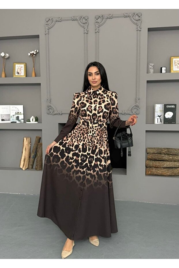 Women's Leopard Print Long Dress with Belt