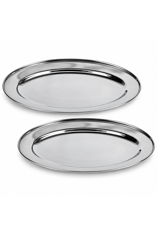 Stainless Steel Oval Serving Tray 35cm, Stackable Dishwasher Safe Food Serving Platter, Silver, Set of 2