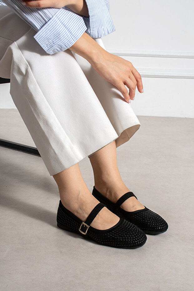 Black Women's Stylish Daily Ballerina Shoes with Stone Ankle Strap