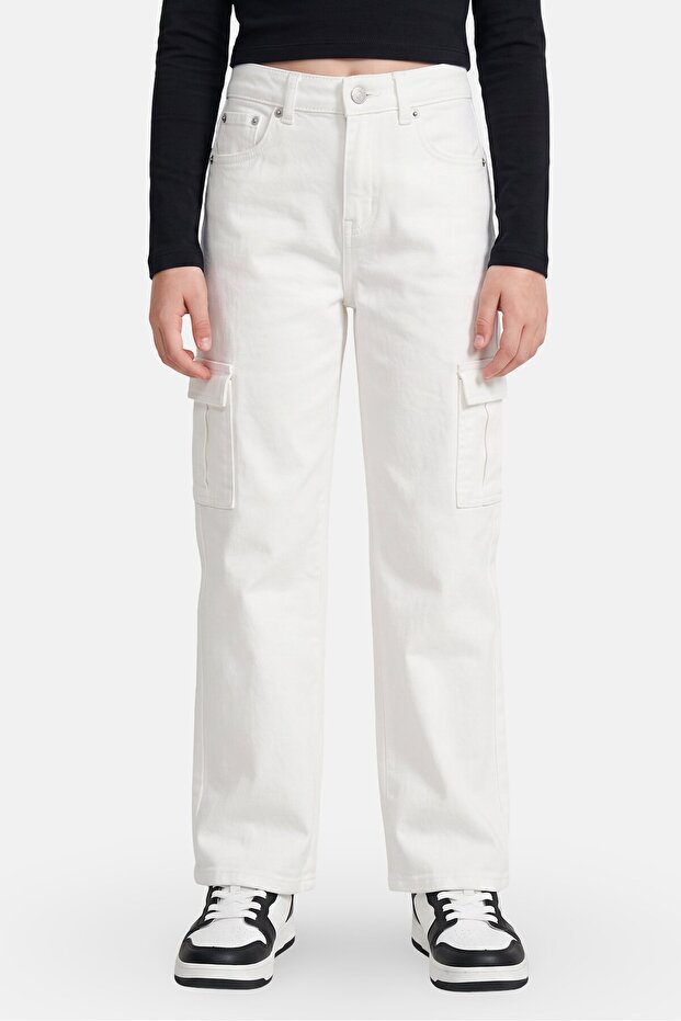 Kids Girl Solid Cargo Jeans, White