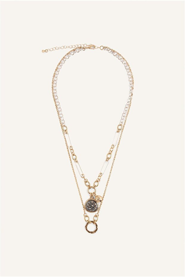 Women's 2-Piece Medallion and Ring Pendant Multi-Chain Necklace I7166Axns