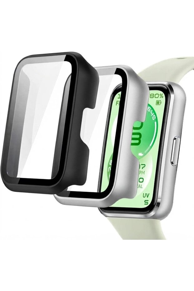 Full Coverage Case with Screen Protector Compatible with Huawei Band 11, PC & Tempered Glass Protective Case Cover, Scratch Resistant Smart Watch Accessories -Matte Black/Matte Silver