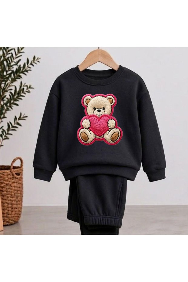 Team Sweatshirt Heart Bear Knitted Printed Girls Boys Crew Neck