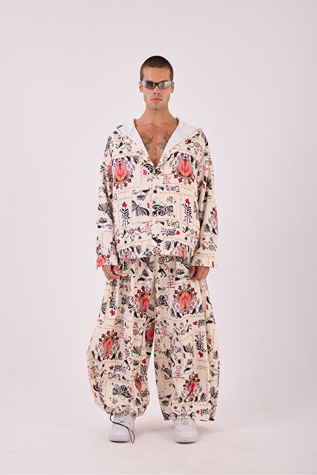 Men's White Ethnic Patterned Loose Suit