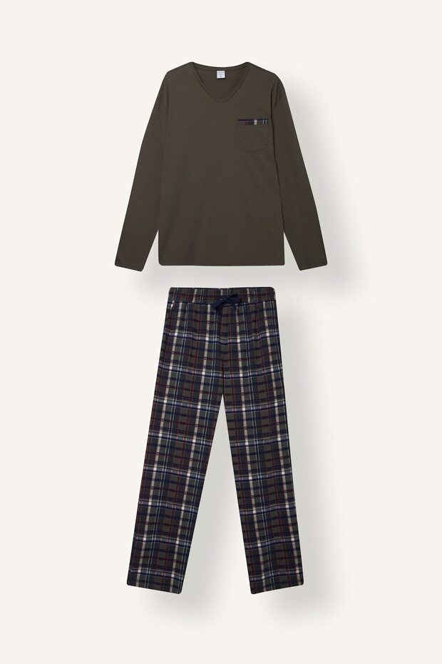 100% Cotton New Regular Fit V-Neck Long Sleeve Plaid 2-Piece Pajama Set I2975Ax26Au