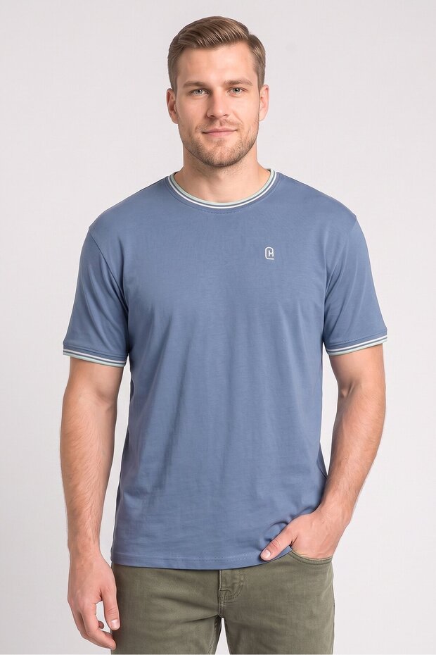 Men Crew Neck Short Sleeve Embroidered Logo T-Shirt, Dusty Blue