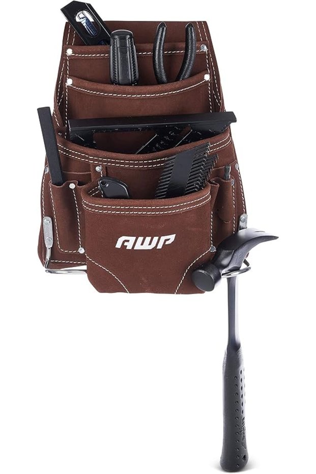 10-Pocket Suede Tool Pouch | Durable General Construction Leather Tool Pouch | Brown