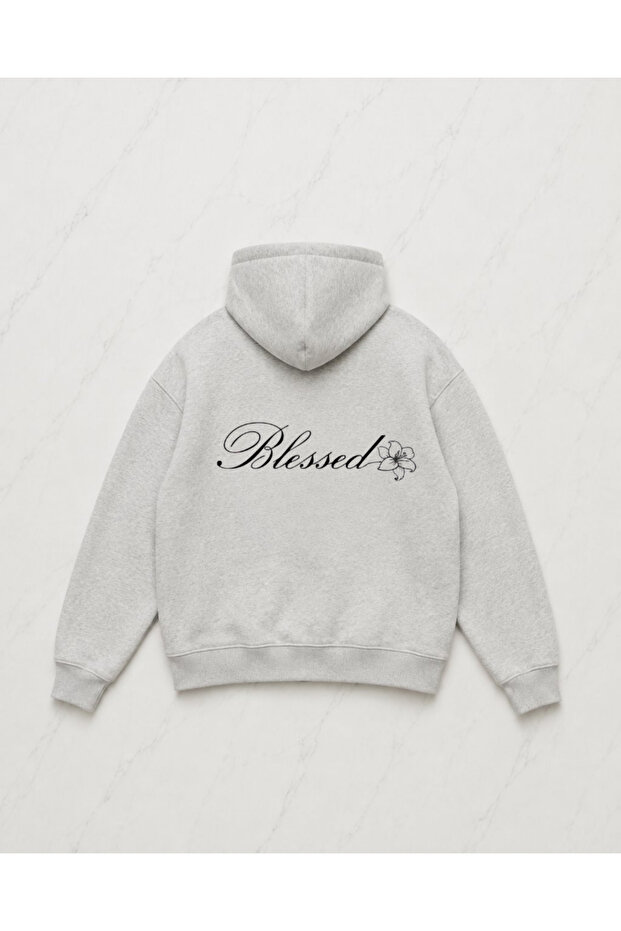 Gray Blessed Detailed Oversize Unisex Sweatshirt