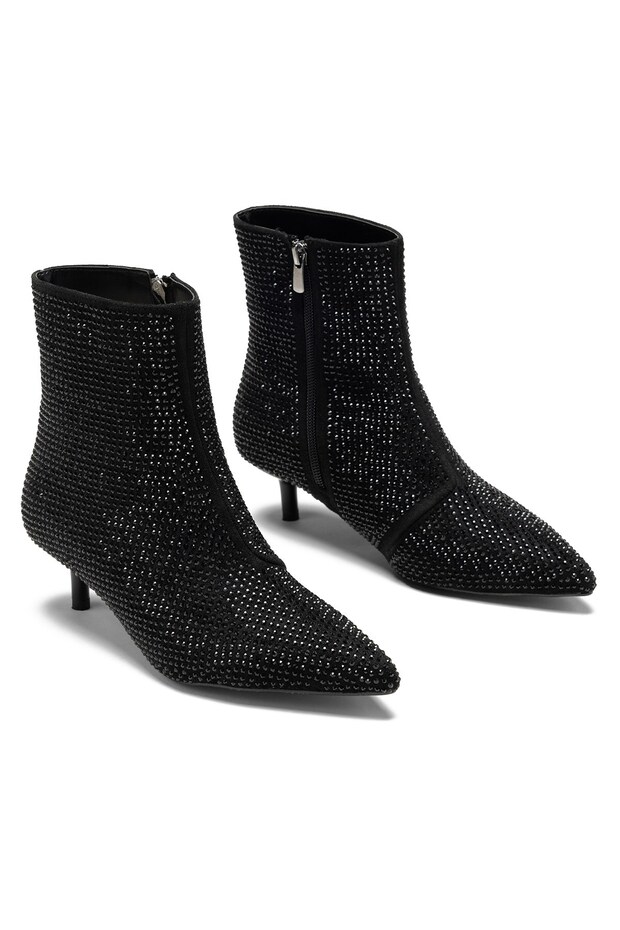 Women's Black Full Stone Pointed Toe 4.5 cm Zipper Detailed Short Heeled Boots