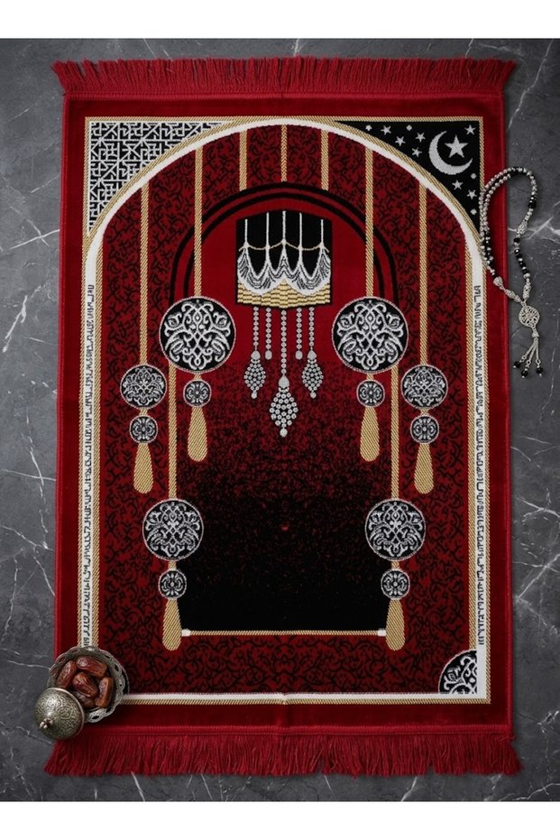 سجادة صلاة ناعمة بتصاميم ونقوش إسلامية متنوعة للمنزل والمساجد والسفر - متعددة الأنماط باللونين الأحمر والأسود