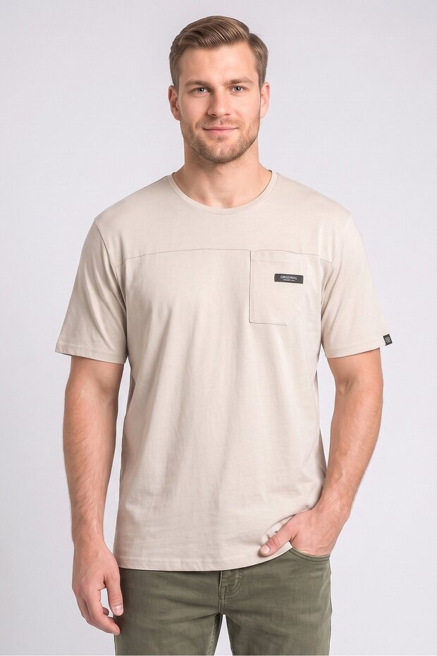 Men Crew Neck Short Sleeve Brand Logo T-Shirt, Light Beige