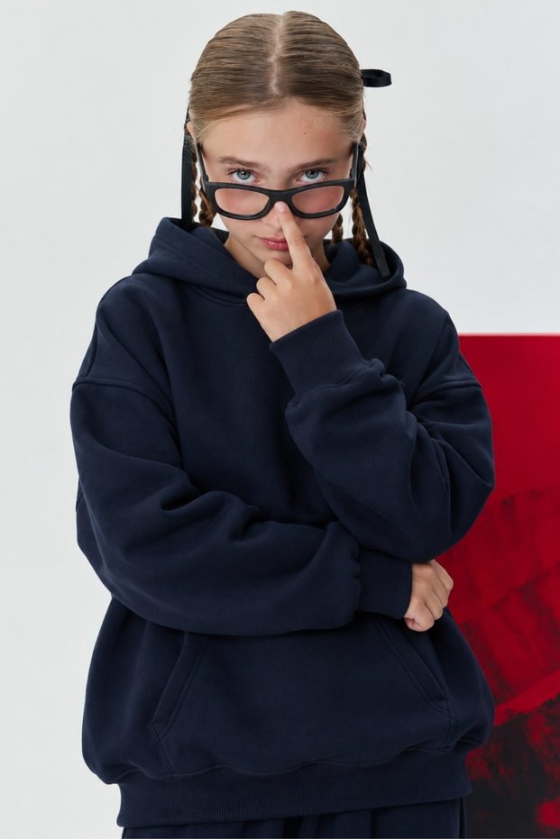 Girl's Oversize Basic Hoodie Sweatshirt Navy Blue – Hooded, Kangaroo Pocket, 3 Thread Fleece