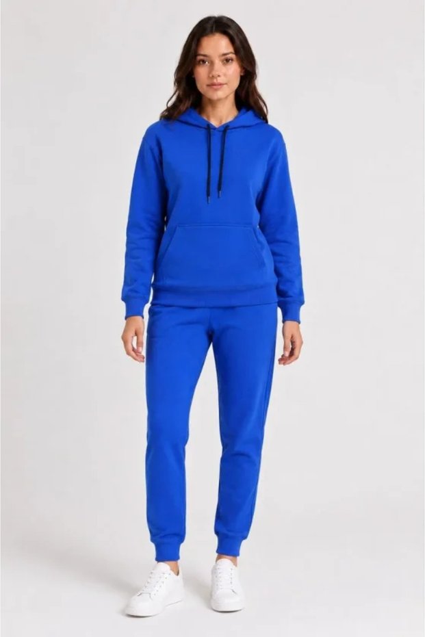 Two-Thread Hooded Jogger Tracksuit Set with Kangaroo Pocket - Saks Blue