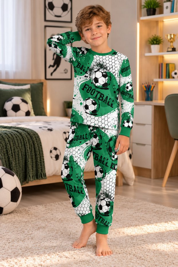 Boy's 100% Cotton Green -White Football Patterned Long Sleeve Pajama Set