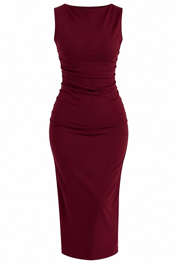 Burgundy Drape Detailed Midi Slit Dress - 2Y0506