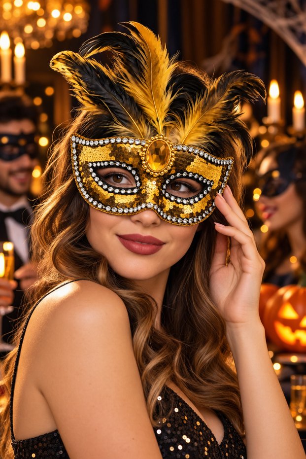 Gold Sequin Feather Mask Halloween Venetian Mask Halloween Costume Party Face Eye Accessory