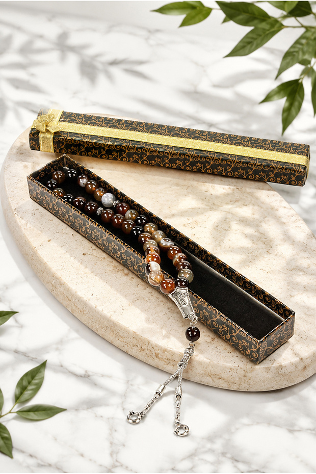 Agate Stone 33-Piece Prayer Beads with Gift Box 10 mm Sphere Cut
