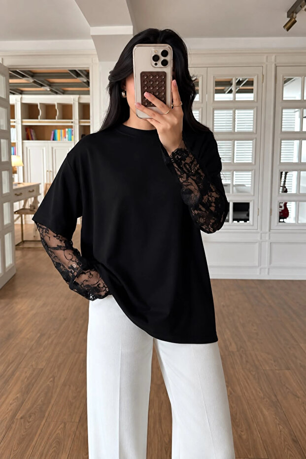 Women's Black Viral Sleeve Lace Detail T-Shirt 9277
