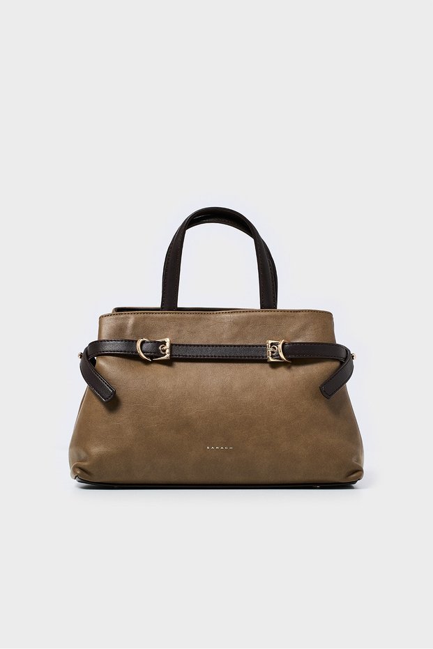 Double Color Belt-Detail Hand and Shoulder Bag - Mink