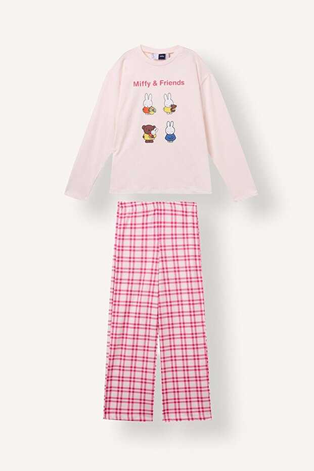 100% Cotton Miffy Licensed Plaid Patterned 2-Piece Pajama Set for Girls I3891A826Au