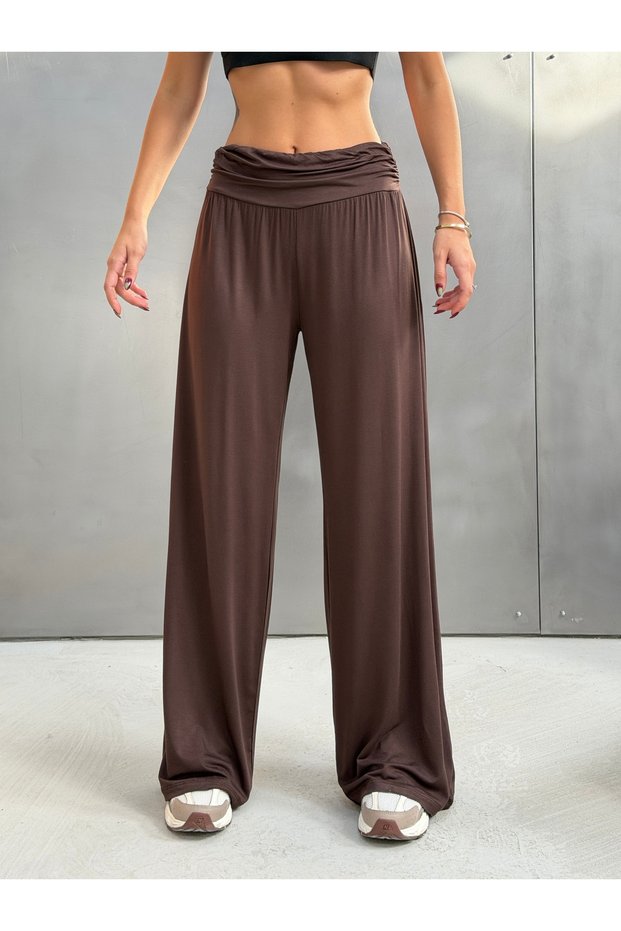 Women's Brown Soft Ribbed Draped Drawstring Waist Wide Leg Pants