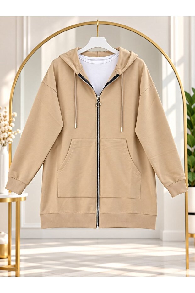 Women's Hooded Zipper Sweatshirt Beige