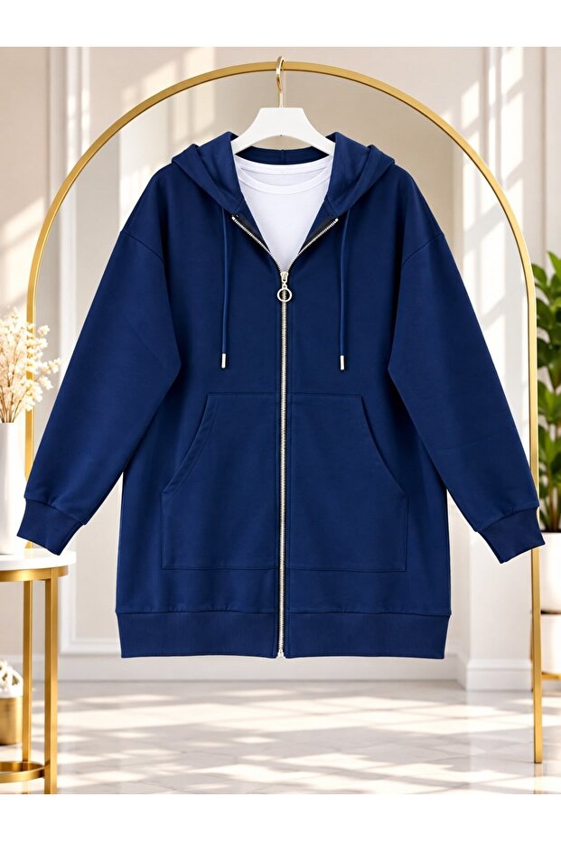 Women's Hooded Zippered Sweatshirt Navy Blue