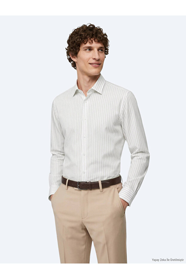 Light Beige Striped Regular Fit Long Woven Casual 100% Cotton Shirt