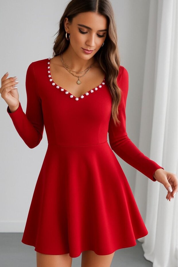 Women's Long Sleeve Pearl Collar Short Imported Crepe Dress