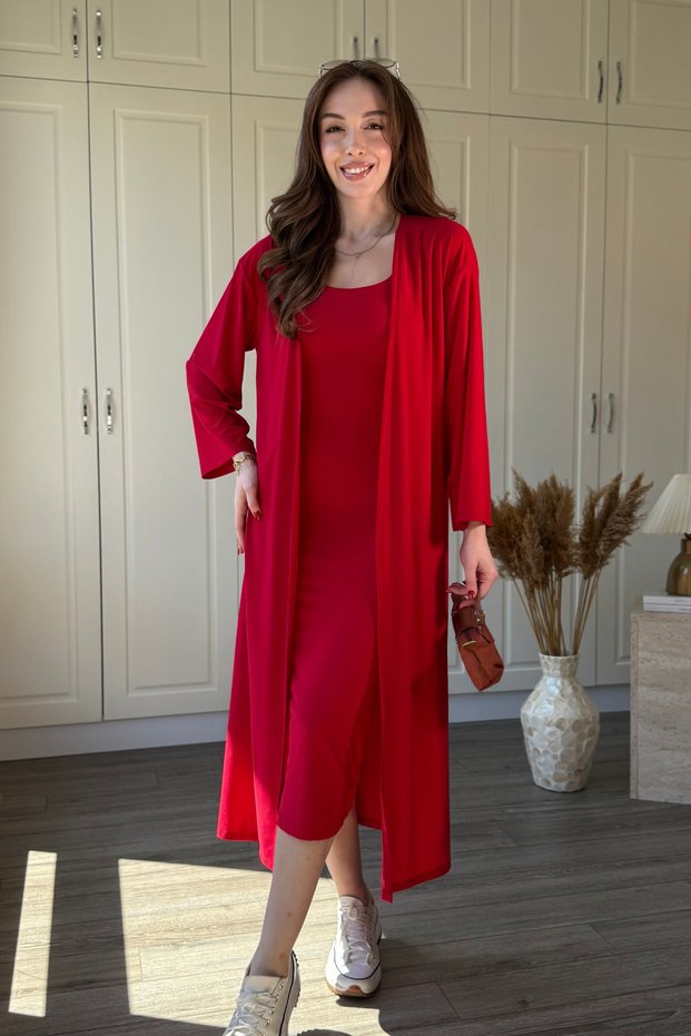 Sandy Fabric Dress Cardigan Set