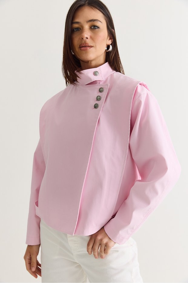 Women's Pink Stand Collar Metal Button Detailed Lined Short Trench Coat 2815 60286458