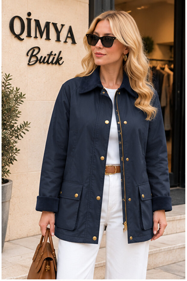 Concept Women's Collar & Cuff Velvet Oilcloth Premium Basic Medium Length Coat-Jacket