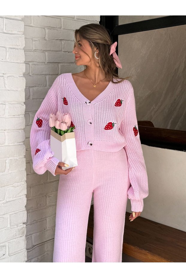 Women's Pink Strawberry Motif Knitwear Double Set
