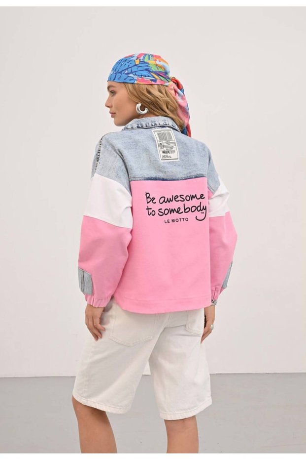 Women's Denim Jacket with Back Lettering Detail and Color Block Design, 100% Cotton