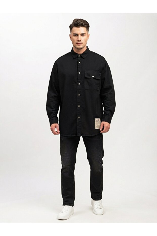 Black Men's Oversize Loose Fit Buttoned Pocket Shirt