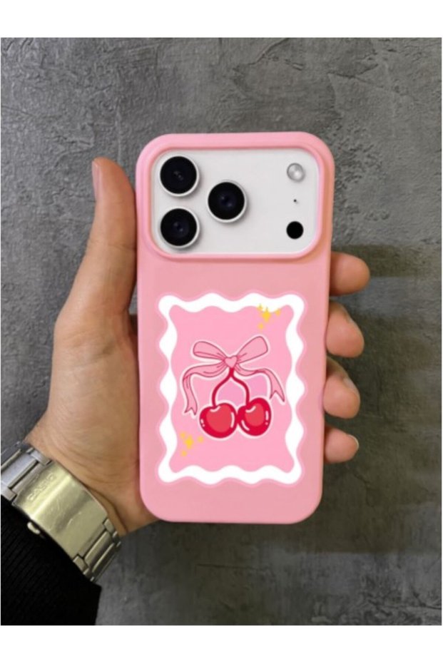 iPhone 17 Pro Max Compatible Pink Case with Frame and Dual Cherry and Ribbon Motifs