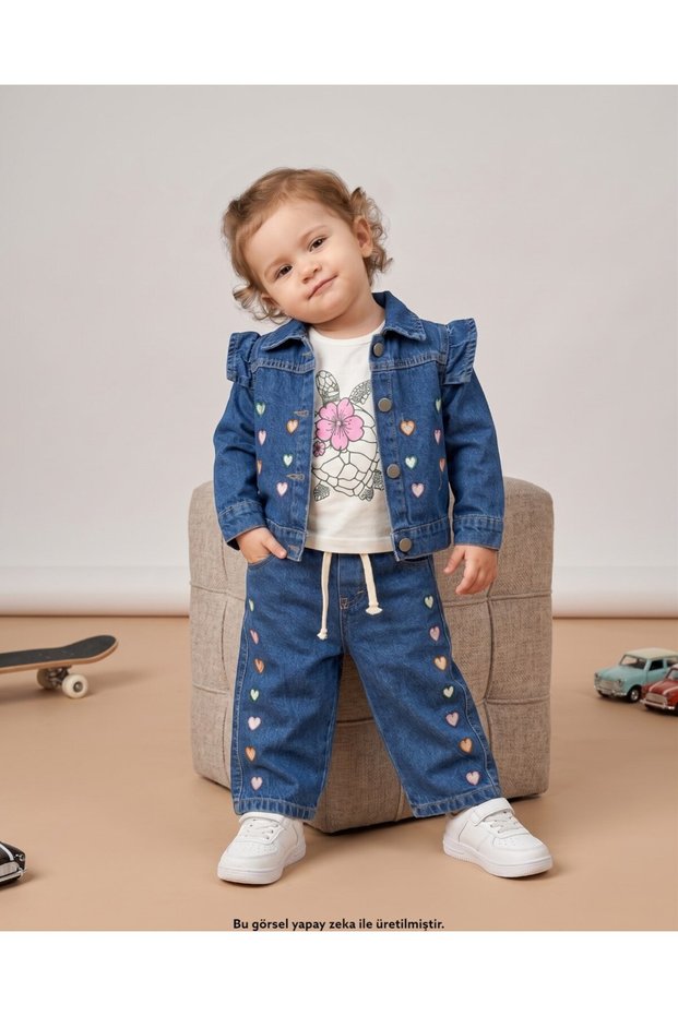 Girl's Heart Embroidered 1-2-3-4 Years Old 3-Piece Denim Set, Denim Set with Jacket R2896 L Slim Fit.