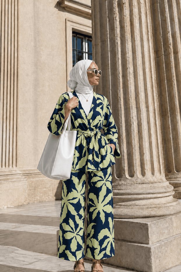 Palm Tree Patterned Kimono Set with Trousers - Navy Blue & Water Green