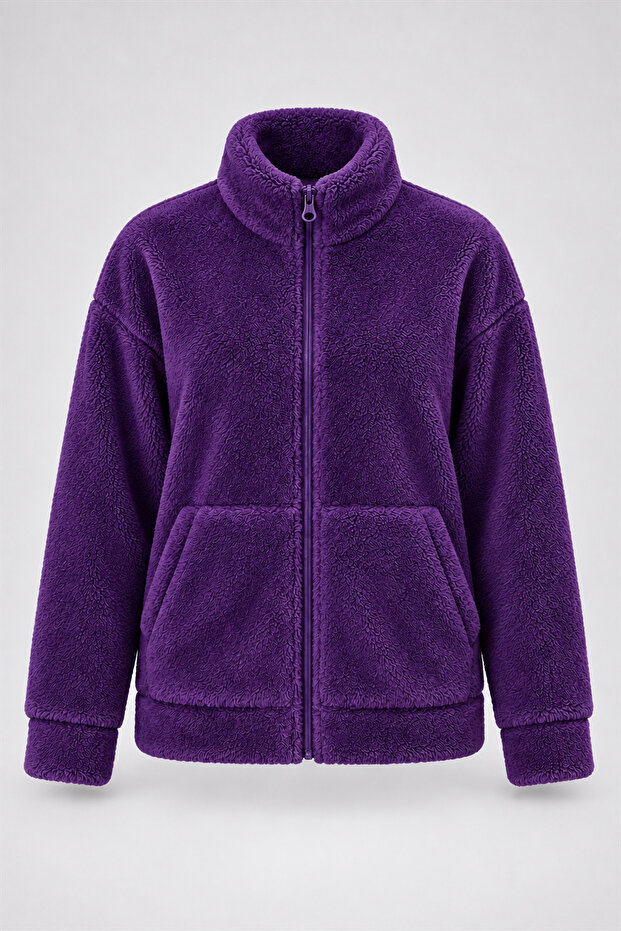 Women's Elise Plus Size Plush Coat with Stand Collar, Zipper Pockets, Wellsoft Fur Look, Warm Jacket