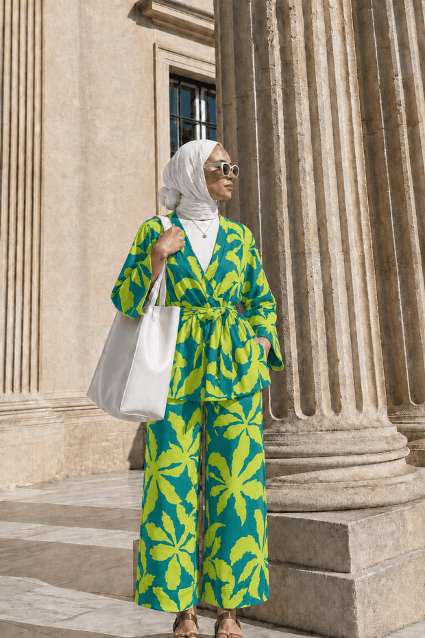 Palm Tree Patterned Kimono Set with Trousers - Pistachio Green & Turquoise