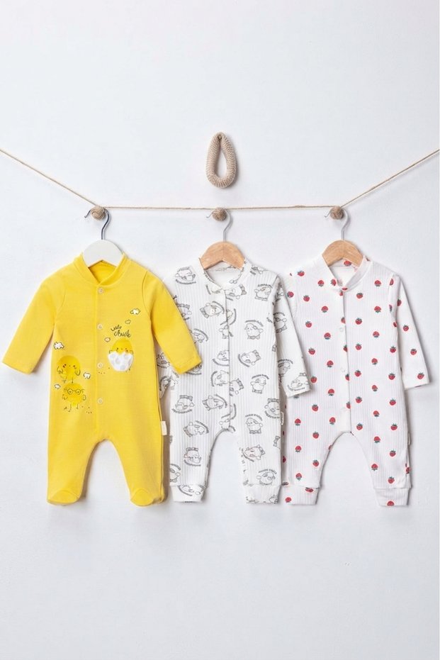 Cute Animals and Fruits Themed 3-Pack Baby Rompers - Yellow Booties, White Strawberry and Sheep Without Booties