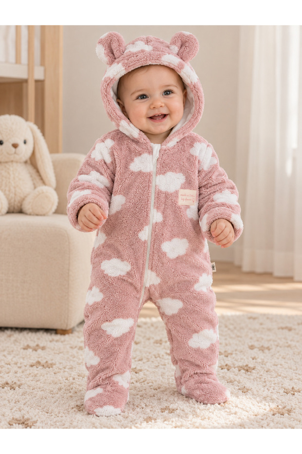 Baby Girl Pink Cloud Patterned Hooded Zippered Plush Jumpsuit with Ears