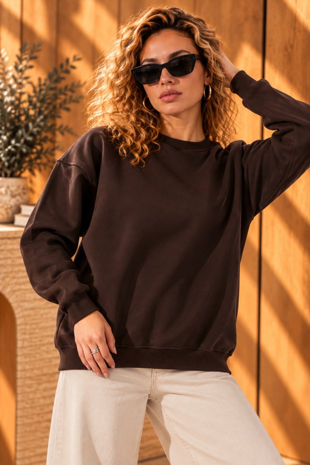 Brown Cotton Three-Thread Ribbed Oversize Casual Crew Neck Long Sweatshirt