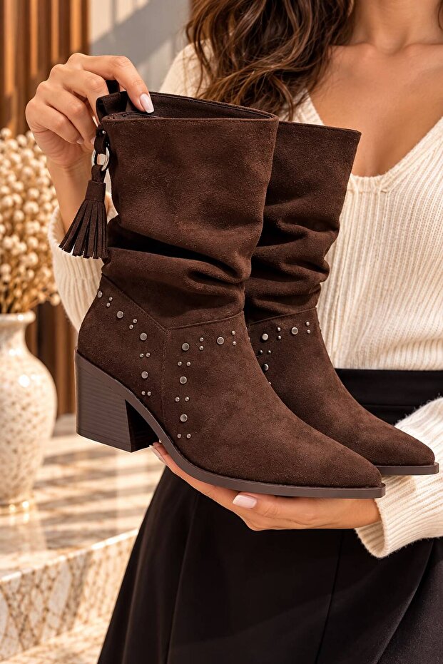 Women's Brown Suede Pointed Toe Boots with Drawstring and Tassel Detail on the Back