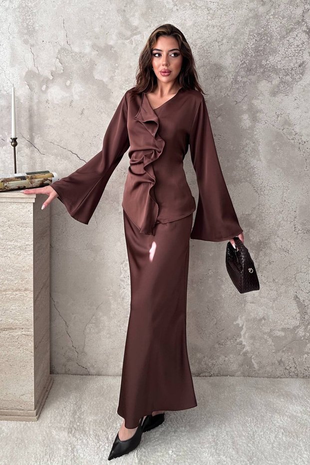 Women's Brown Satin V-Neck Long Sleeve Blouse Skirt Two-Piece Set