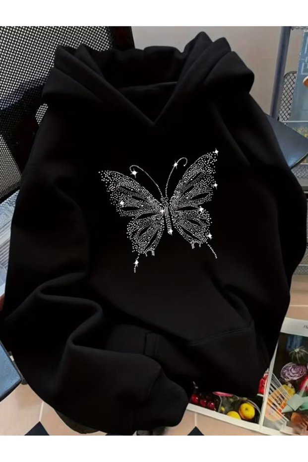 Unisex Pearl Butterfly Detail Printed Premium Hooded 2 Thread Oversize Sweatshirt Hoodie